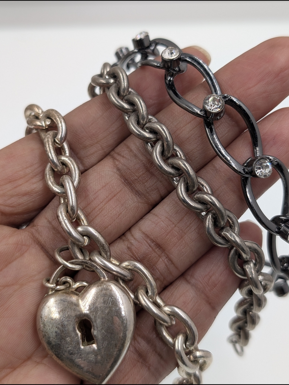 Vintage Monet & Silvertone Chain Bracelet Lot of 3 Heart Padlock Gunmetal 0205